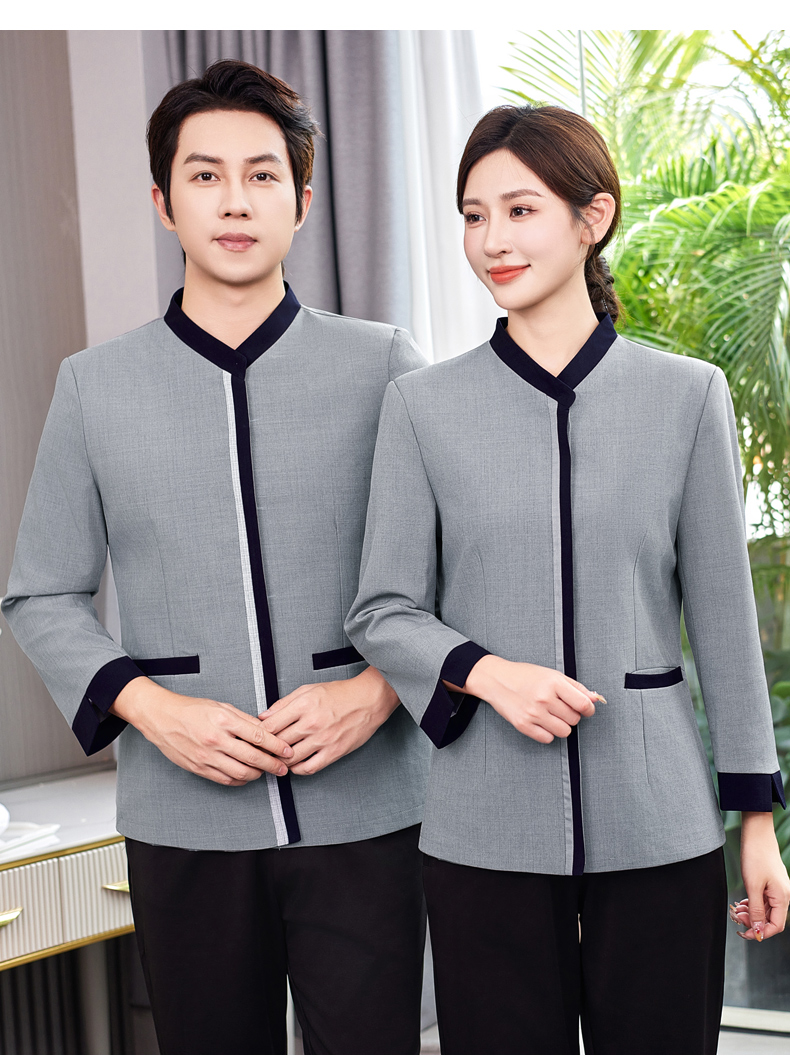 Hotel cleaning work clothes with contrasting placket and three-quarter sleeves H31-BJ06