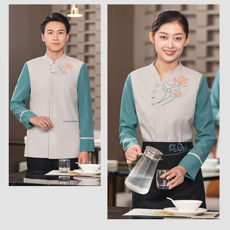 Lotus style waiter work clothes long-sleeved top + apron H01-2023-36 men