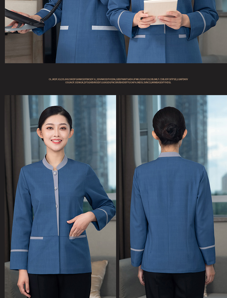 Hotel room long-sleeved cleaning clothes top H27-front placket color matching women