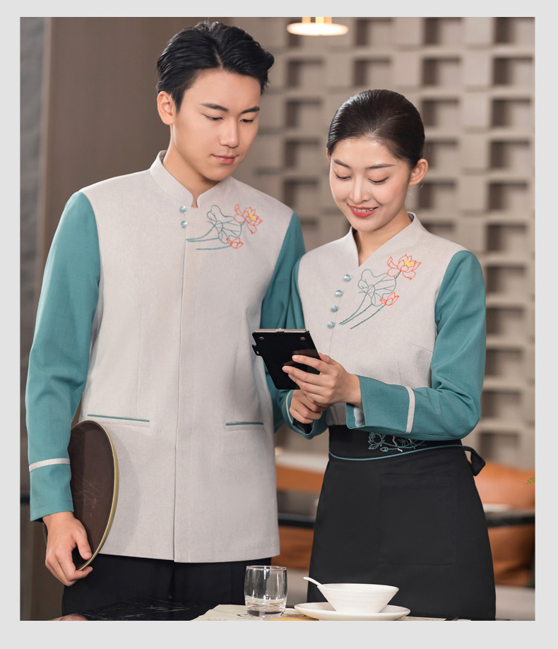 Lotus style waiter work clothes long-sleeved top + apron H01-2023-36 men