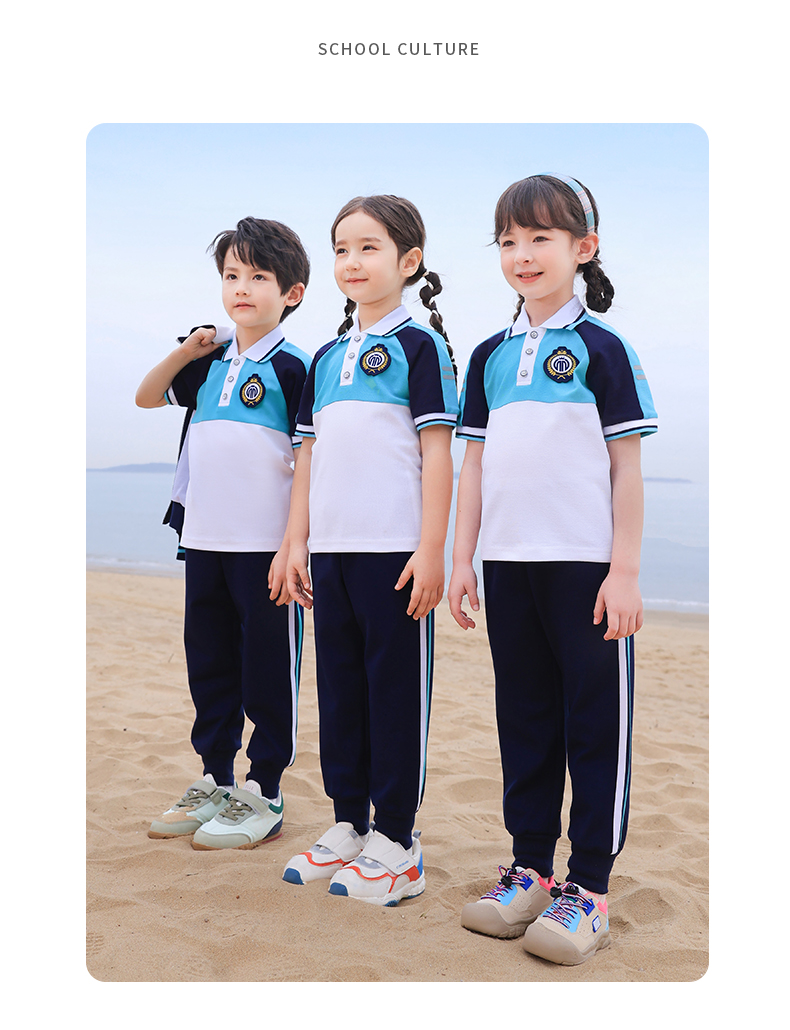 Comfortable photogenic white and blue color matching sports school uniform three-piece suit 168-6628