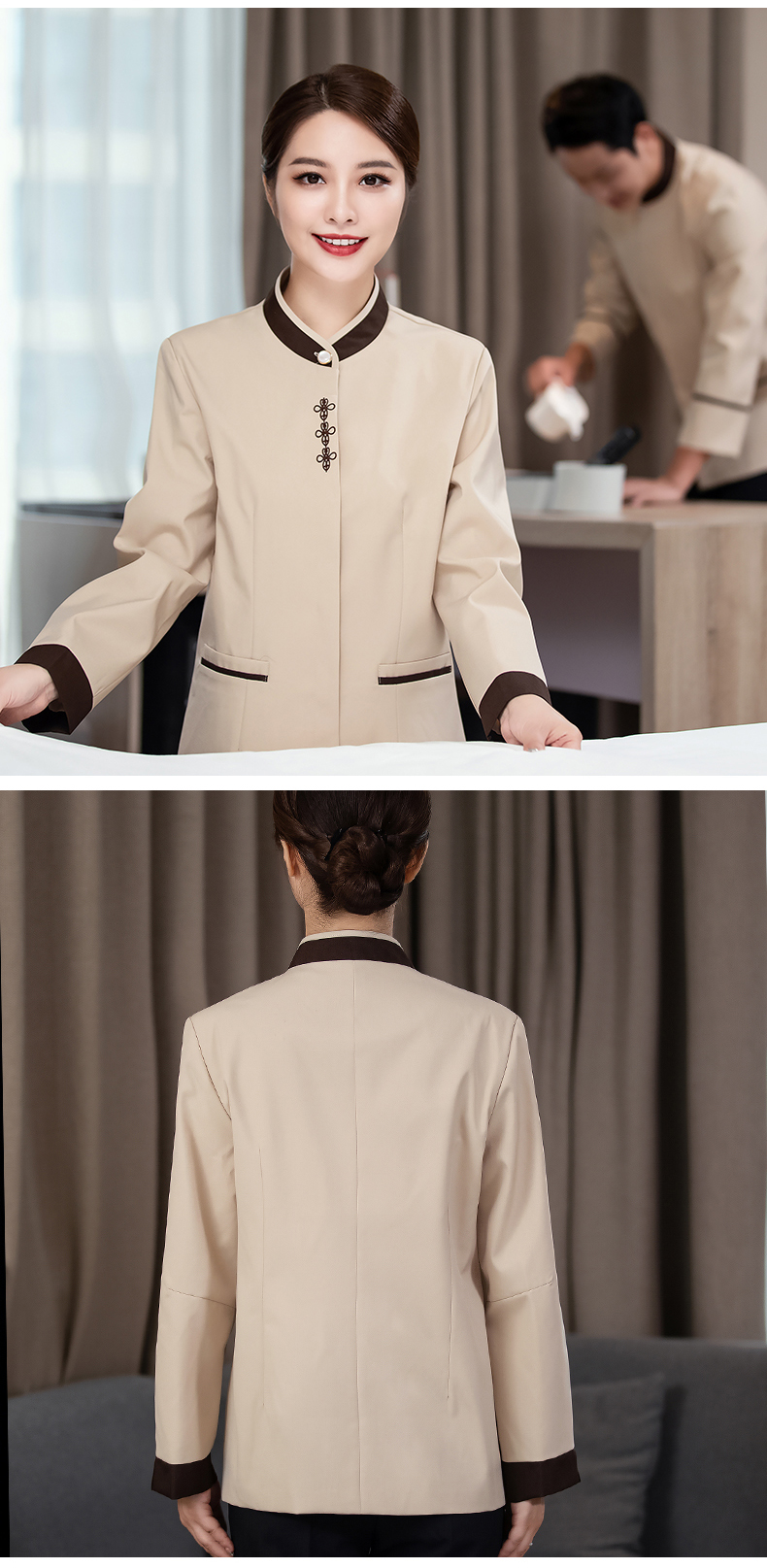 Plain weave color collar stand collar hotel cleaning long sleeve work clothes female model H27-046