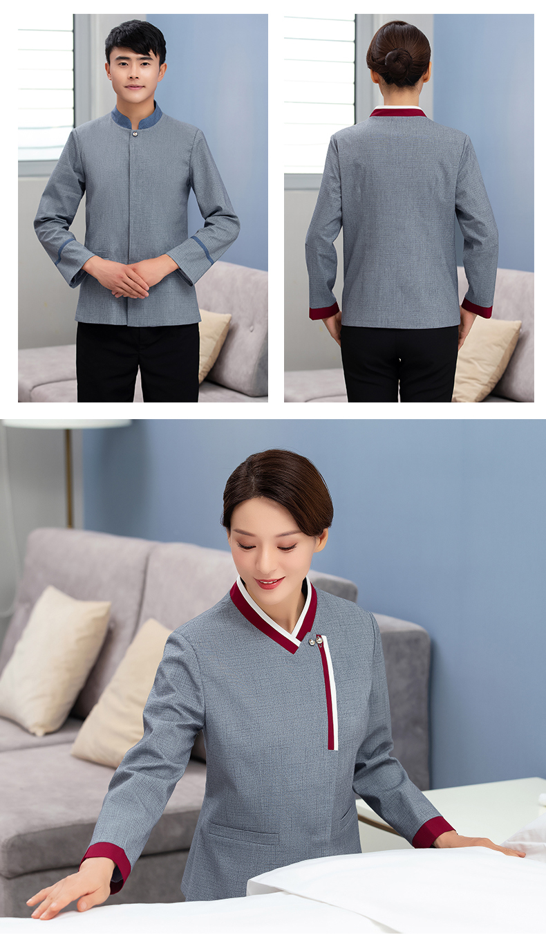 Double button Chinese style color stand collar hotel long sleeve cleaning work clothes female tops H27-084 female