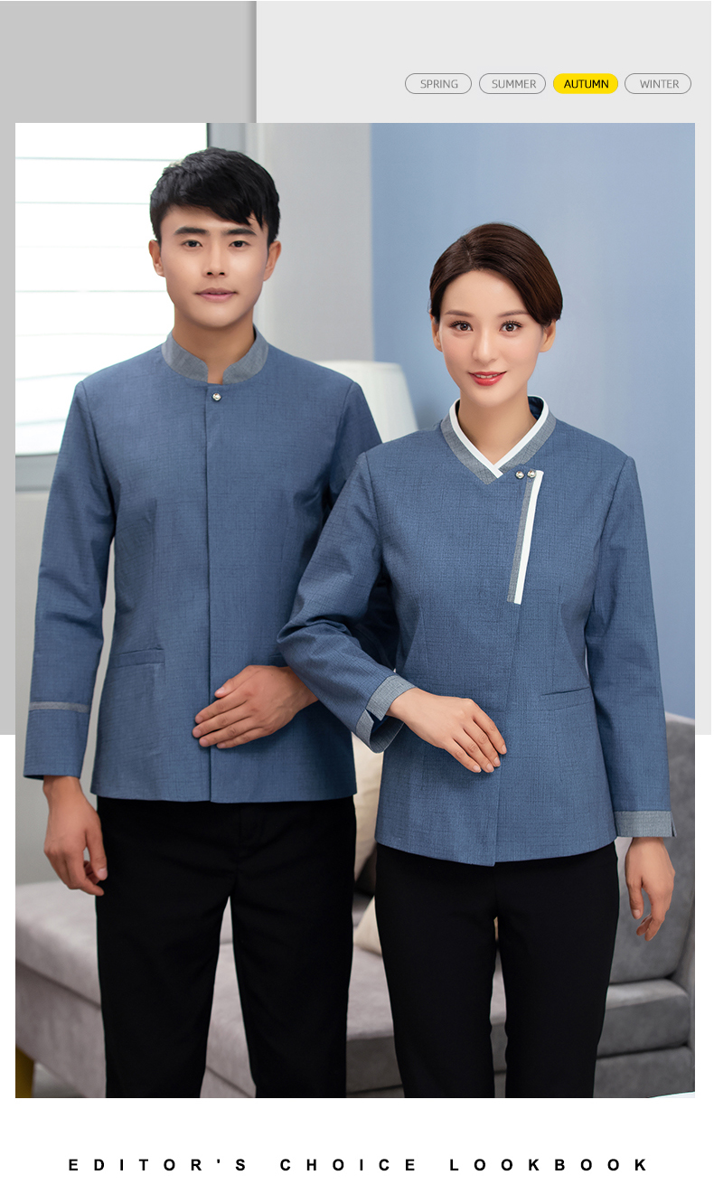 Double button Chinese style color stand collar hotel long sleeve cleaning work clothes female tops H27-084 female