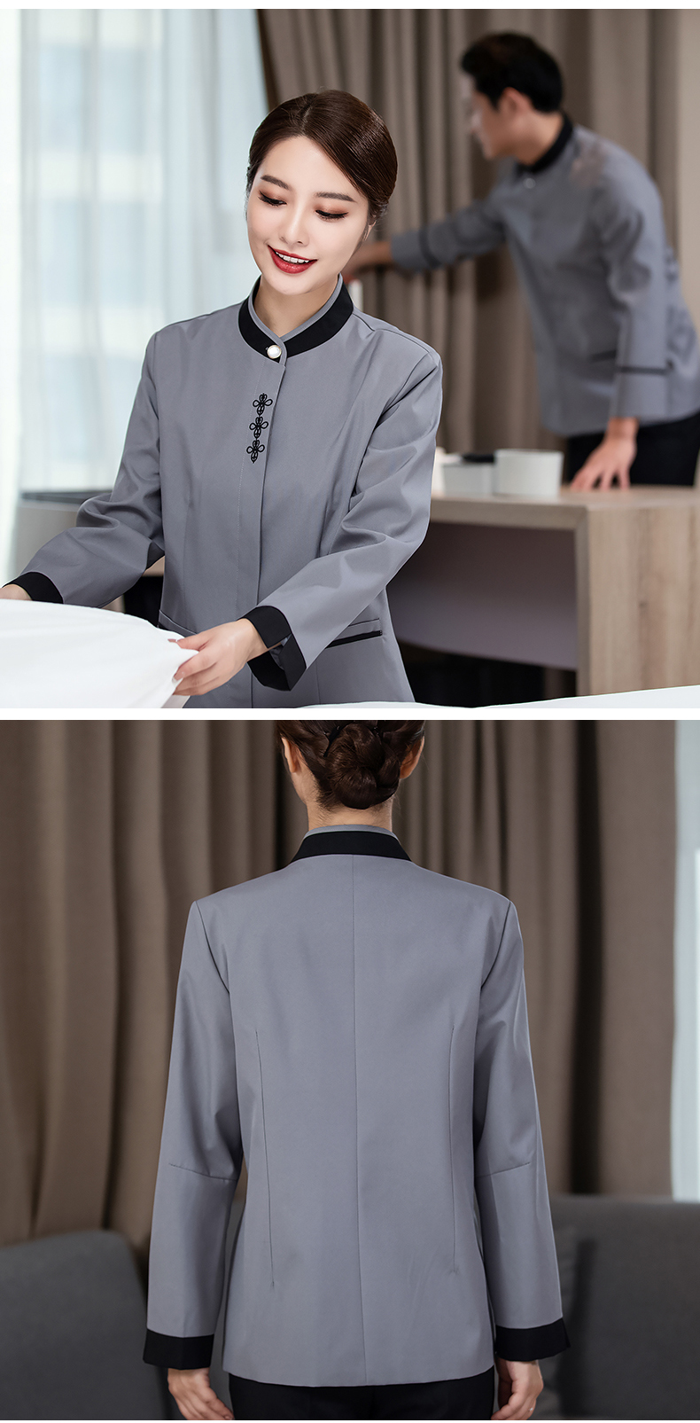 Plain weave color collar stand collar hotel cleaning long sleeve work clothes female model H27-046