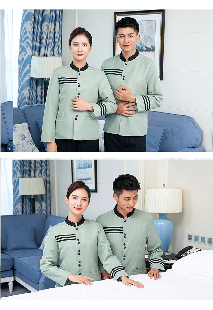 Stand collar three bar hotel long sleeve cleaning top work clothes general style H14-9866-9868