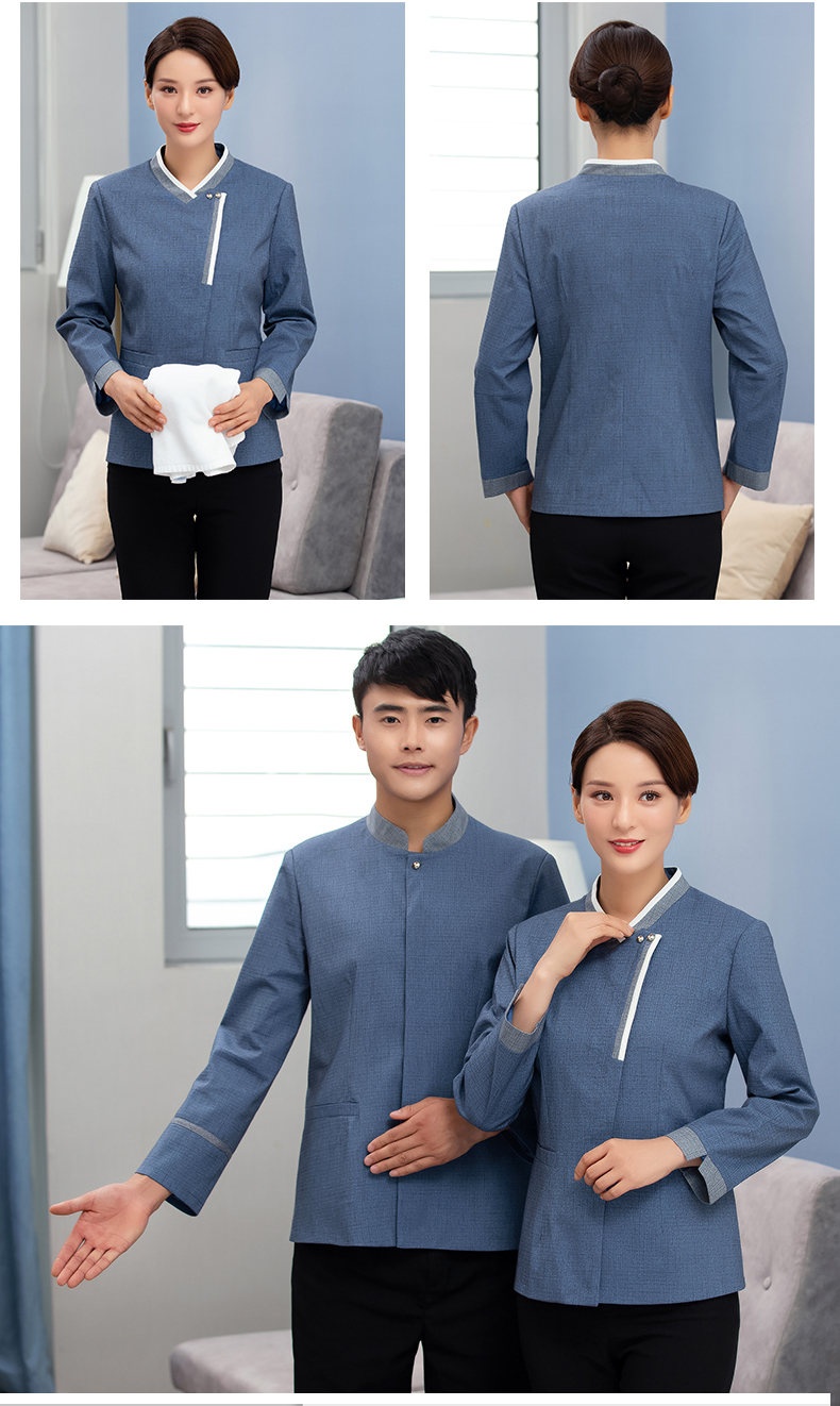 Double button Chinese style color stand collar hotel long sleeve cleaning work clothes female tops H27-084 female