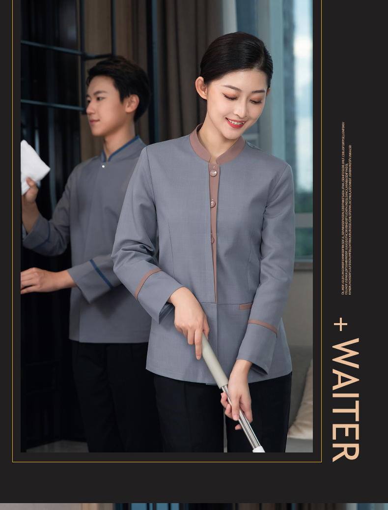 Hotel room long-sleeved cleaning clothes top H27-front placket color matching women