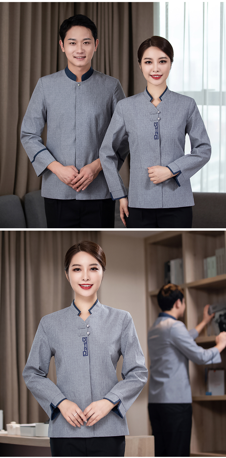 Linen V-neck cleaning long-sleeved work clothes for women H27-060