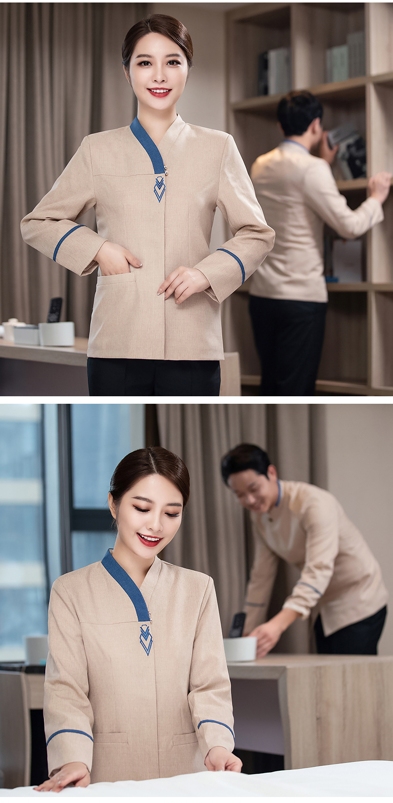 Color triangle collar women long-sleeved top hotel work clothes H27-072