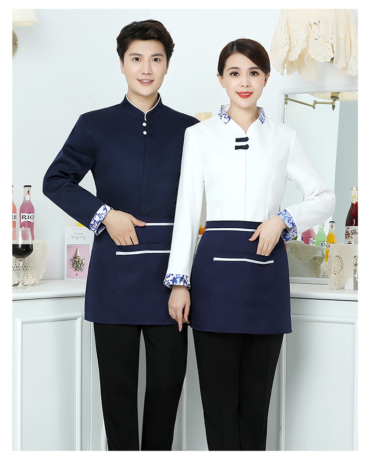 Blue and white porcelain Chinese style hotel waiter long-sleeved work clothes men H14-9893-9898 men