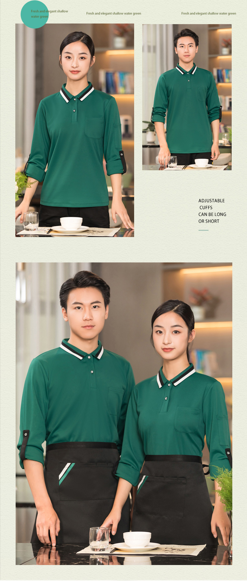 Two-color collar long-sleeved T-shirt waiter work clothes top + apron H01-2023-40