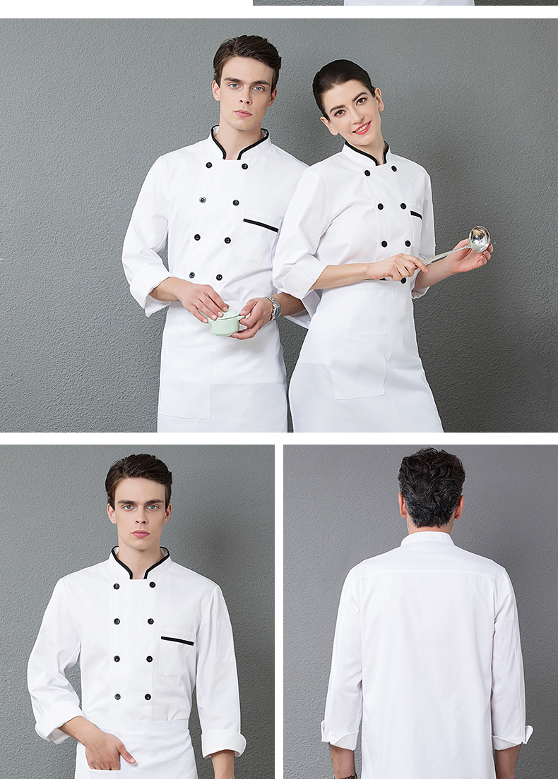 Round neck and edging four-button long-sleeved chef uniform H01-18257