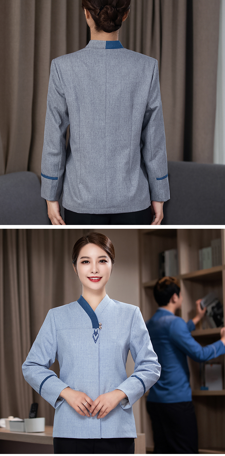 Color triangle collar women long-sleeved top hotel work clothes H27-072