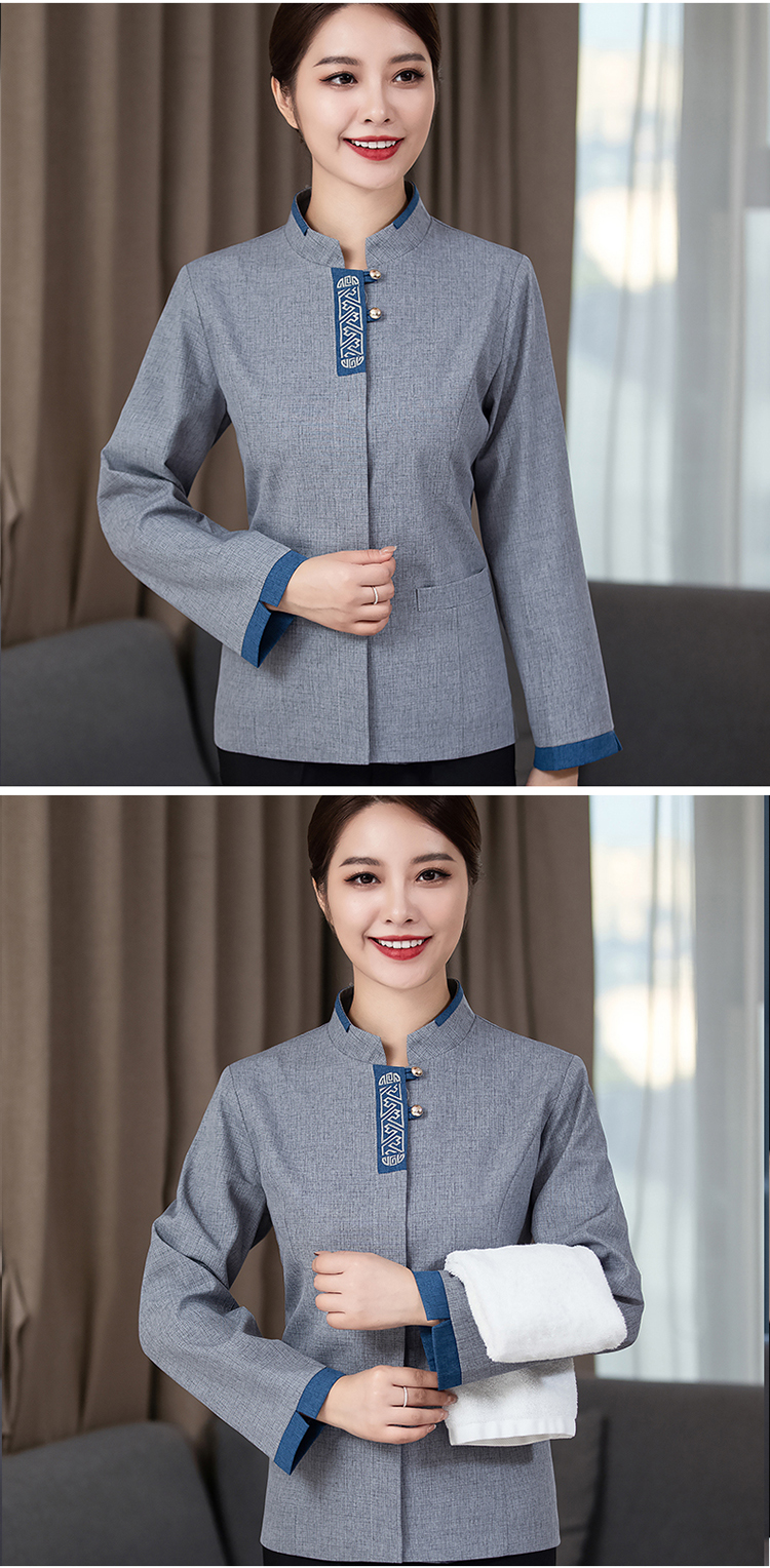 Stand collar checkered embroidery long-sleeved top cleaning work clothes for women H27-079