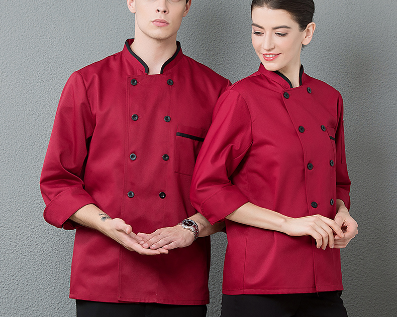 Round neck and edging four-button long-sleeved chef uniform H01-18257