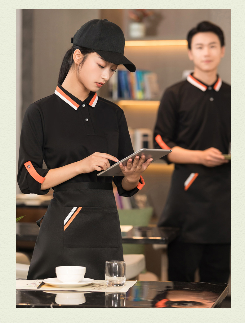 Two-color collar long-sleeved T-shirt waiter work clothes top + apron H01-2023-40