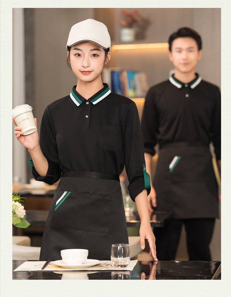 Two-color collar long-sleeved T-shirt waiter work clothes top + apron H01-2023-40