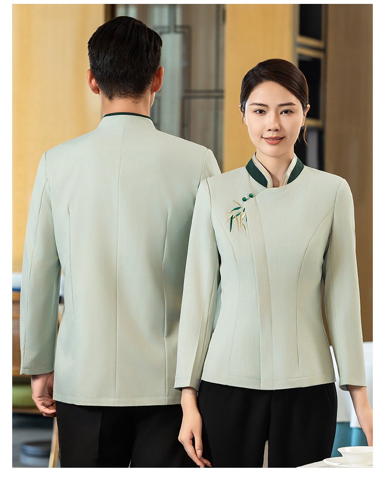 Green bamboo long-sleeved waiter work clothes H02-24332