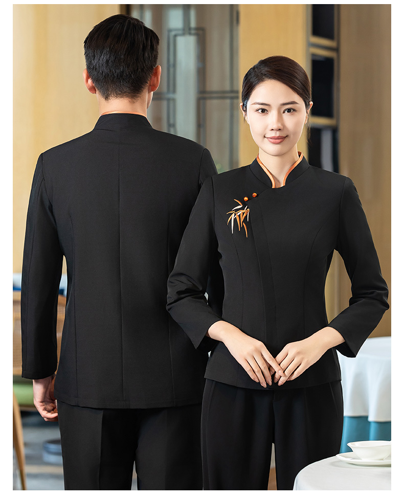 Green bamboo long-sleeved waiter work clothes H02-24332