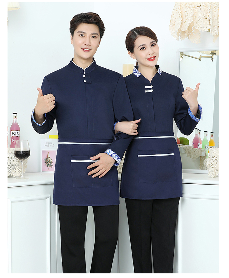 Blue and white porcelain Chinese style hotel waiter long-sleeved work clothes men H14-9893-9898 men