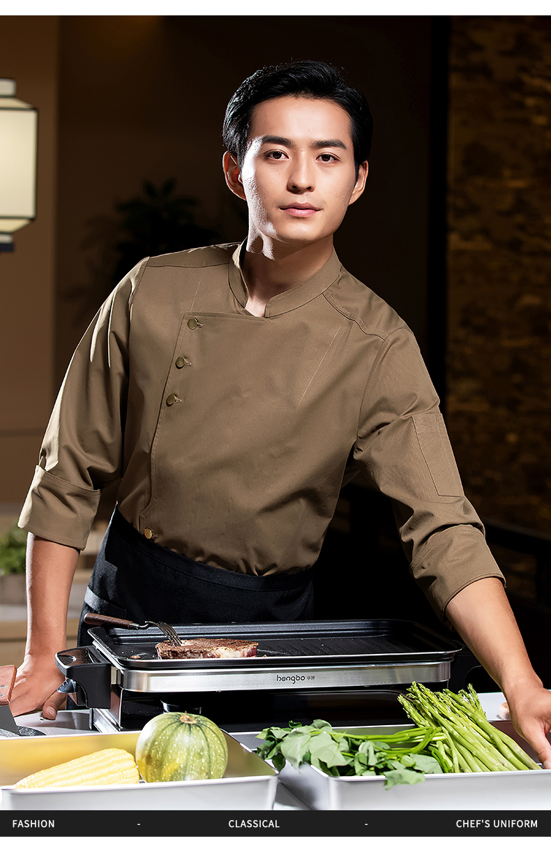 Three gold button long sleeve chef uniform work clothes H02-23662