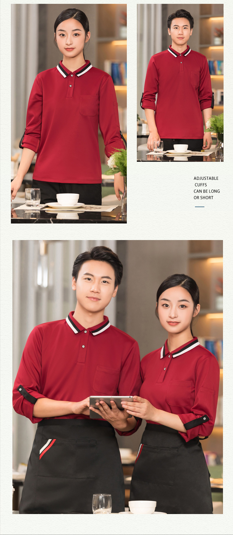 Two-color collar long-sleeved T-shirt waiter work clothes top + apron H01-2023-40