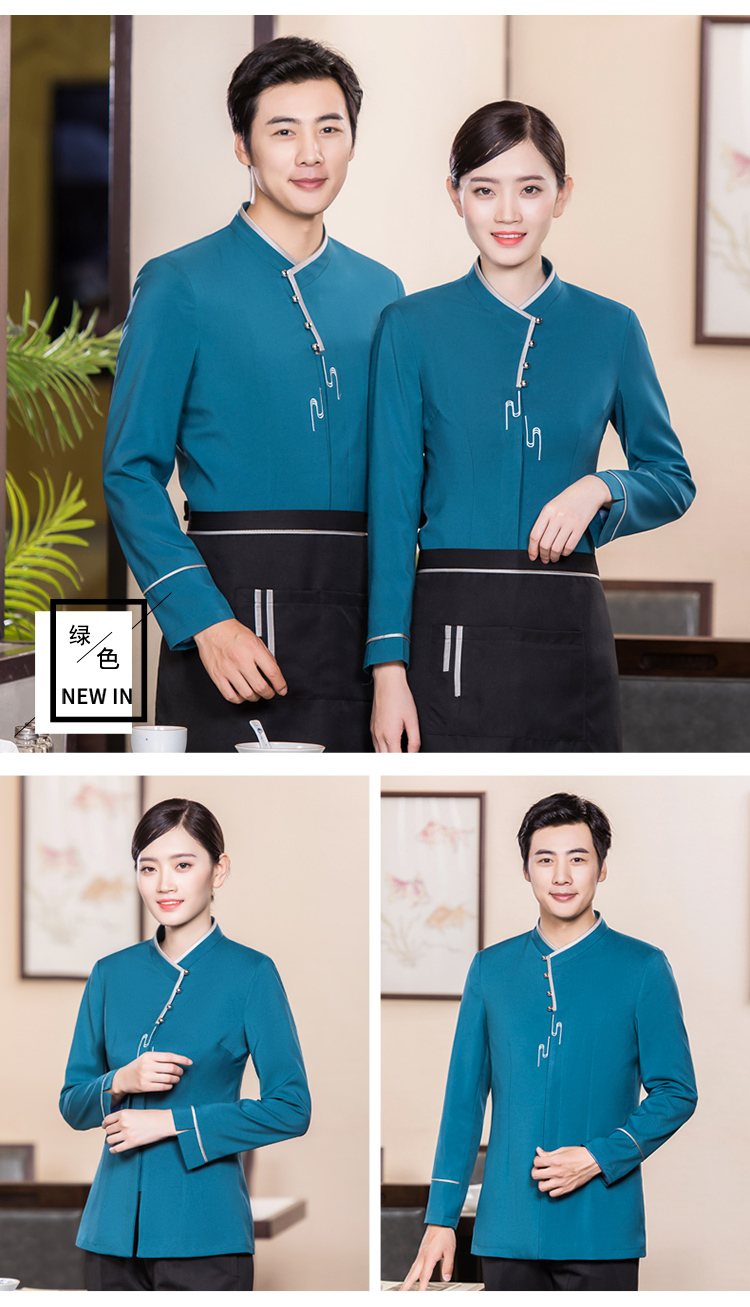 Snowflake nylon oblique collar floral long-sleeved waiter work uniform top H01-19027