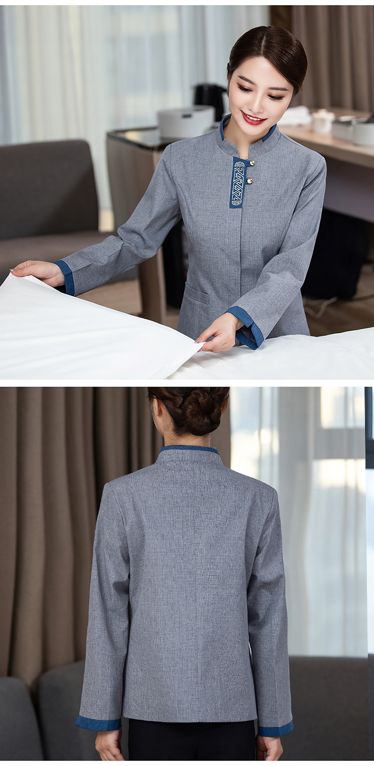 Stand collar checkered embroidery long-sleeved top cleaning work clothes for women H27-079