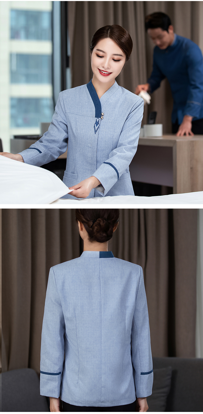 Color triangle collar women long-sleeved top hotel work clothes H27-072