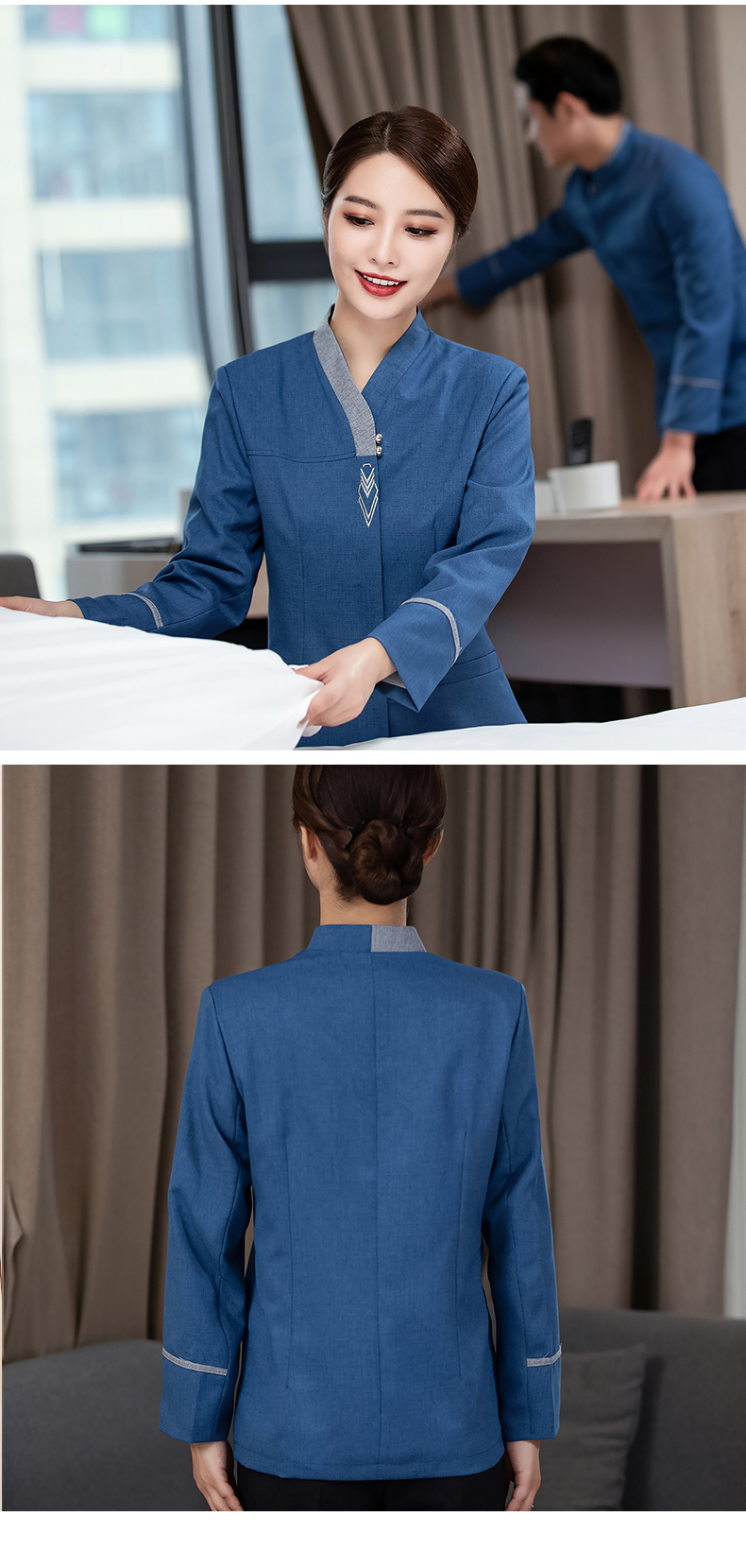 Color triangle collar women long-sleeved top hotel work clothes H27-072