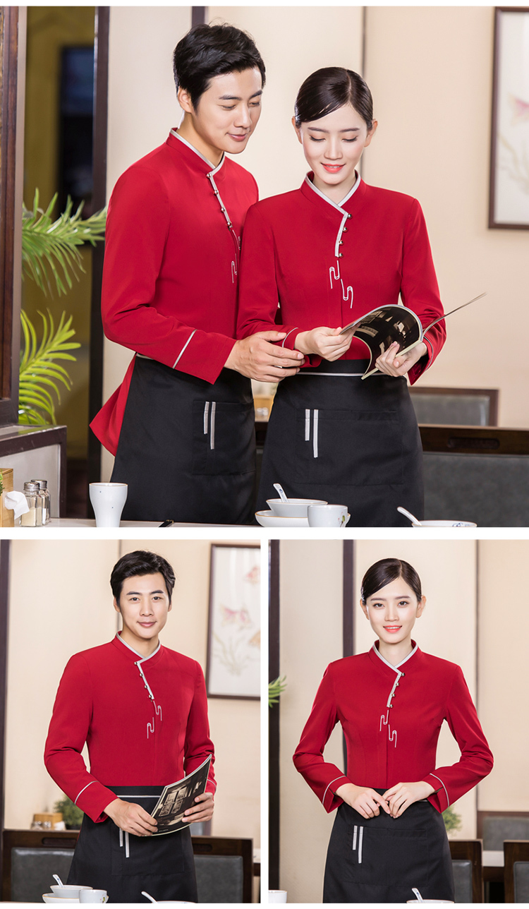 Snowflake nylon oblique collar floral long-sleeved waiter work uniform top H01-19027