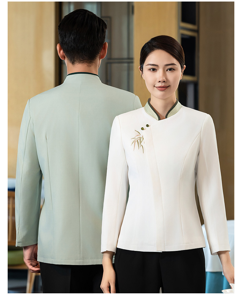 Green bamboo long-sleeved waiter work clothes H02-24332