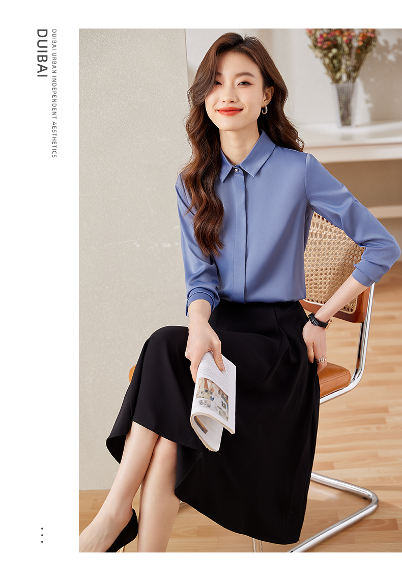 Spring and summer temperament professional solid color long-sleeved lapel shirt 104-Q6130 long-sleeved shirt top