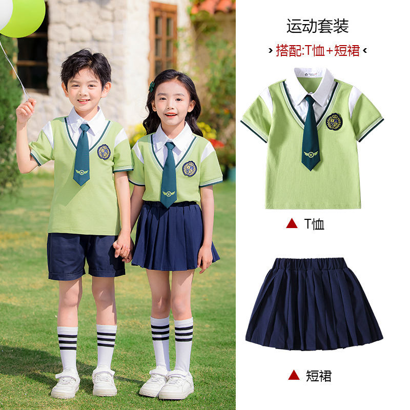 Durable and wear-resistant green color simple lapel summer sports school uniform suit 215-896