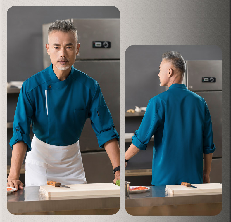 Gray edge snap button long sleeve chef uniform top H01-22102