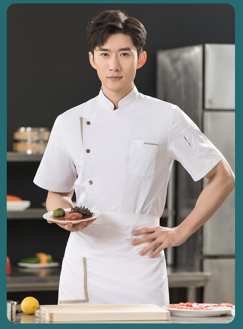 Super soft khaki color restaurant hotel chef uniform short-sleeved tops universal style H01-23010