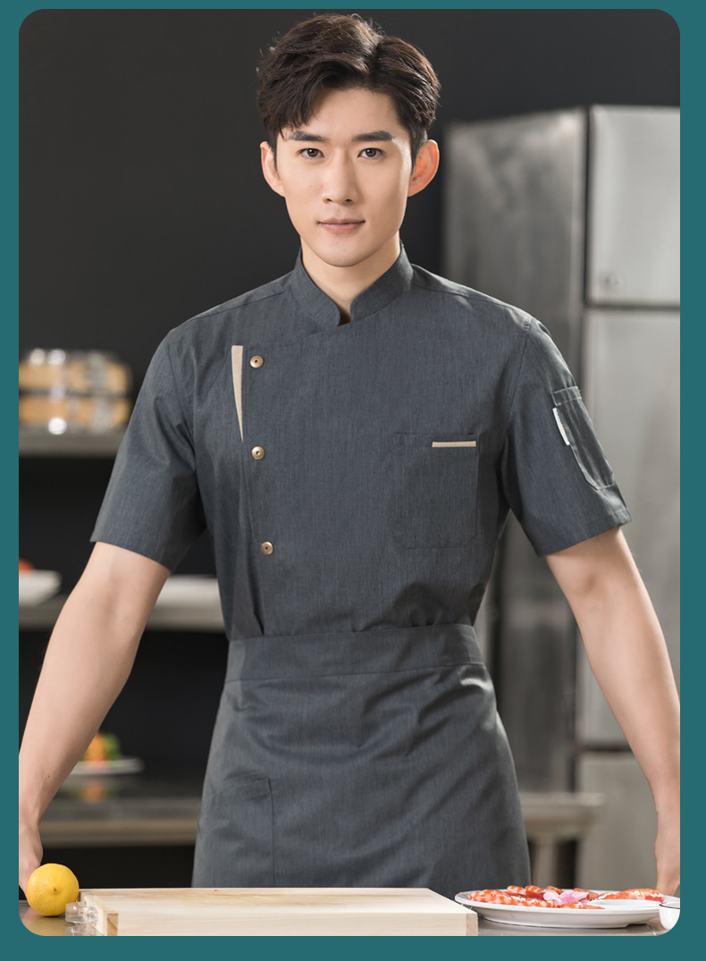 Super soft khaki color restaurant hotel chef uniform short-sleeved tops universal style H01-23010