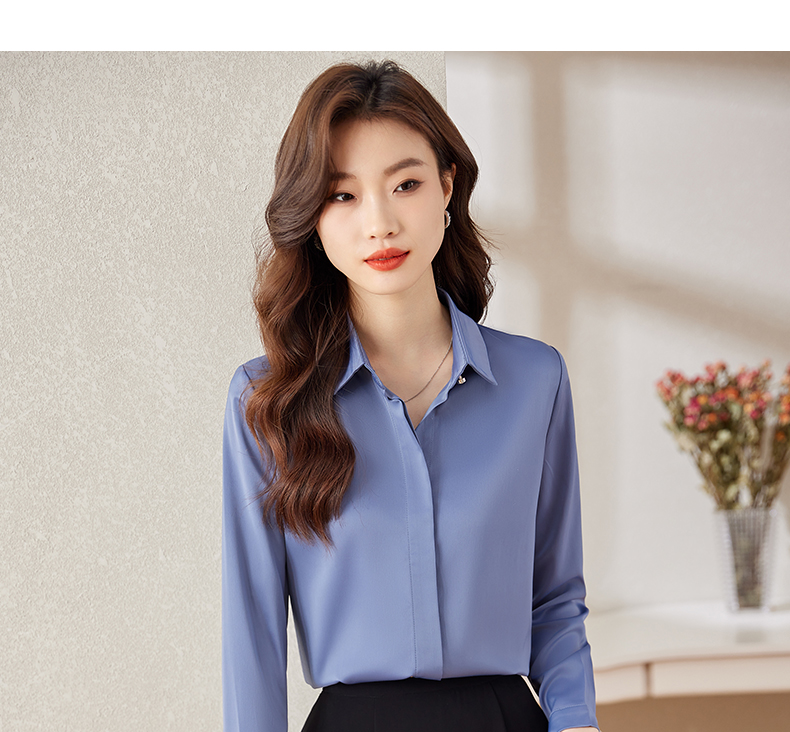 Spring and summer temperament professional solid color long-sleeved lapel shirt 104-Q6130 long-sleeved shirt top