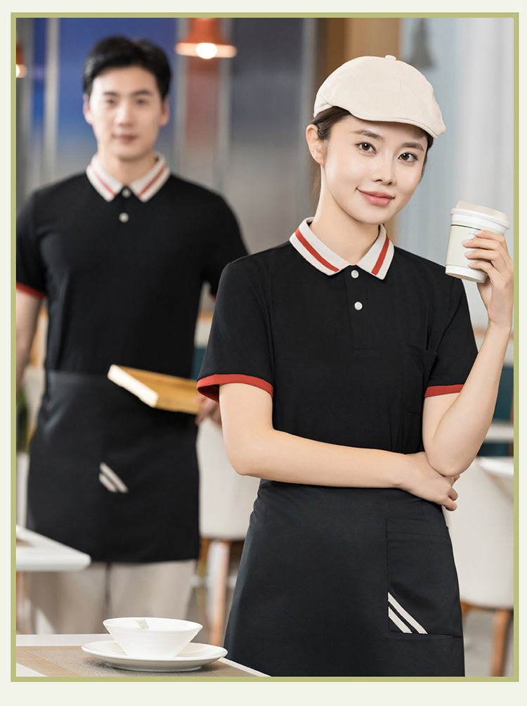 Waffle fabric color matching collar and stripe waiter short-sleeved T-shirt work clothes H01-2024-02