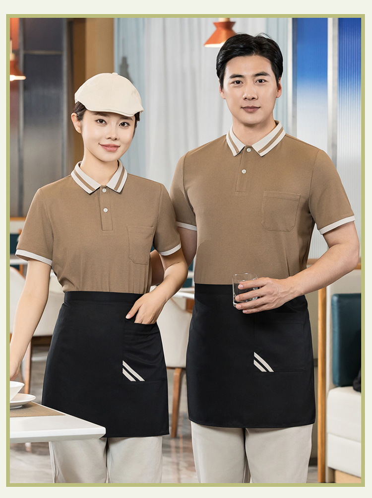 Waffle fabric color matching collar and stripe waiter short-sleeved T-shirt work clothes H01-2024-02