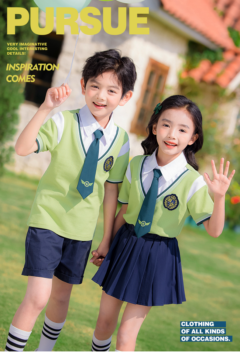 Durable and wear-resistant green color simple lapel summer sports school uniform suit 215-896