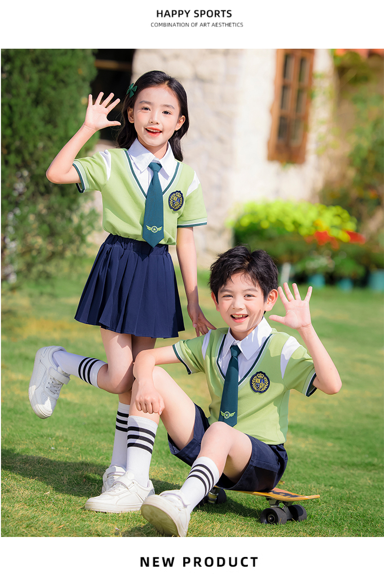 Durable and wear-resistant green color simple lapel summer sports school uniform suit 215-896