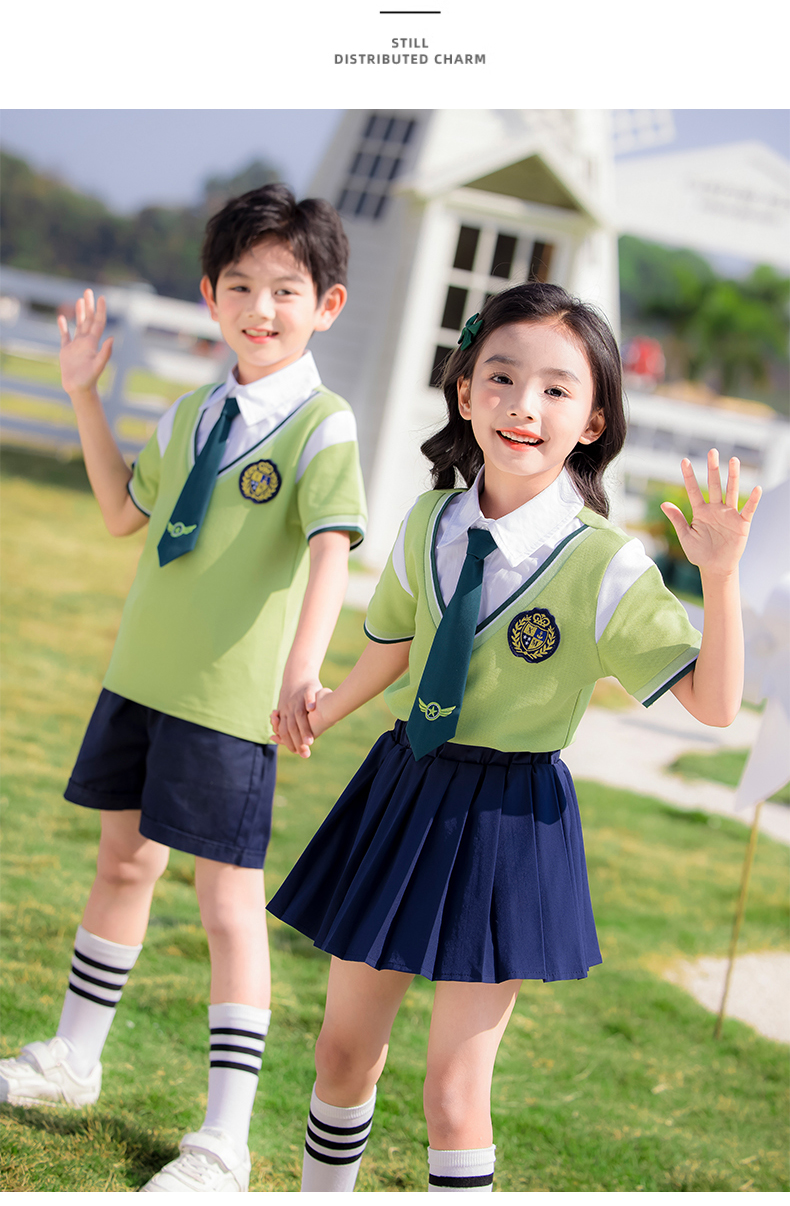 Durable and wear-resistant green color simple lapel summer sports school uniform suit 215-896