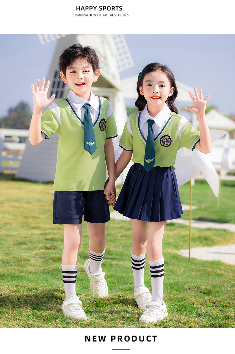 Durable and wear-resistant green color simple lapel summer sports school uniform suit 215-896