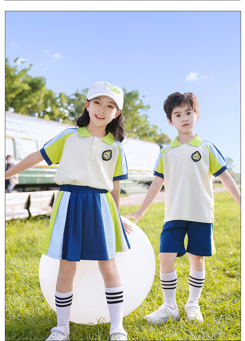 Beige color matching sports style primary and secondary school students school uniform short-sleeved suit 209-XK2306