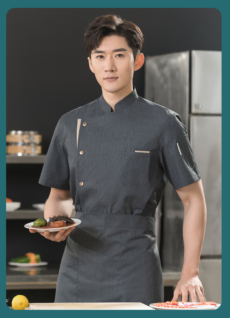 Super soft khaki color restaurant hotel chef uniform short-sleeved tops universal style H01-23010