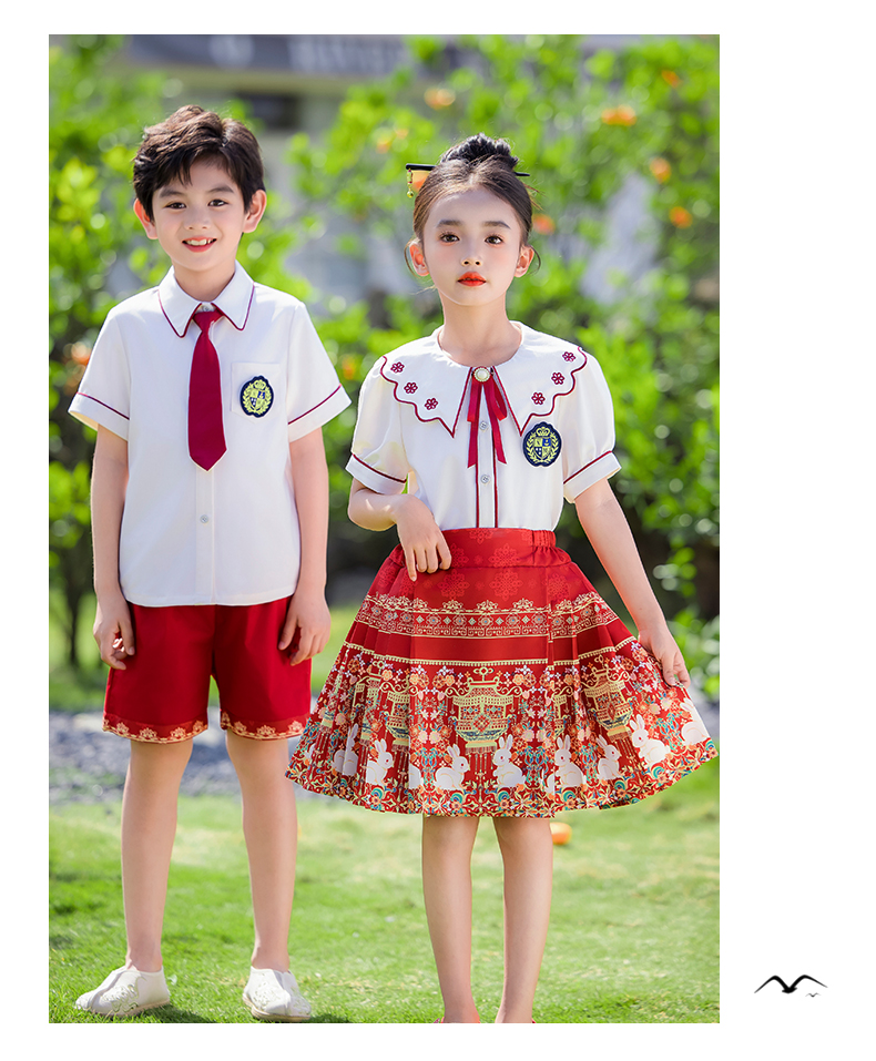 Red and white printed lapel campus British style school uniform suit 215-913+915