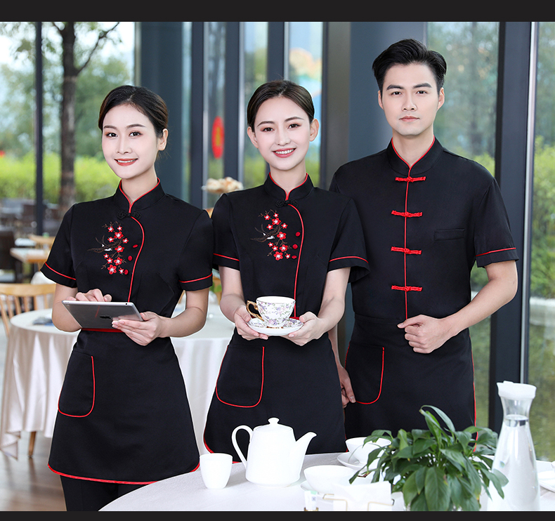 Crisp and stylish plum blossom hotel service staff top + apron men style H19-plum blossom men style