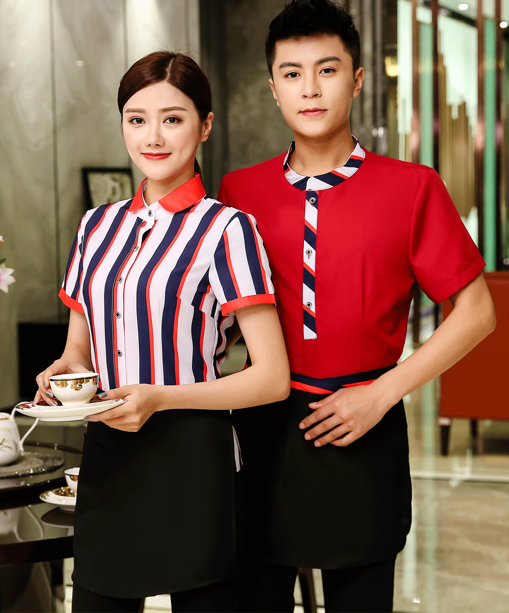 Comfortable three-dimensional wide color stripe waiter work clothes top + apron female model H19-wide color ribbon shirt female model